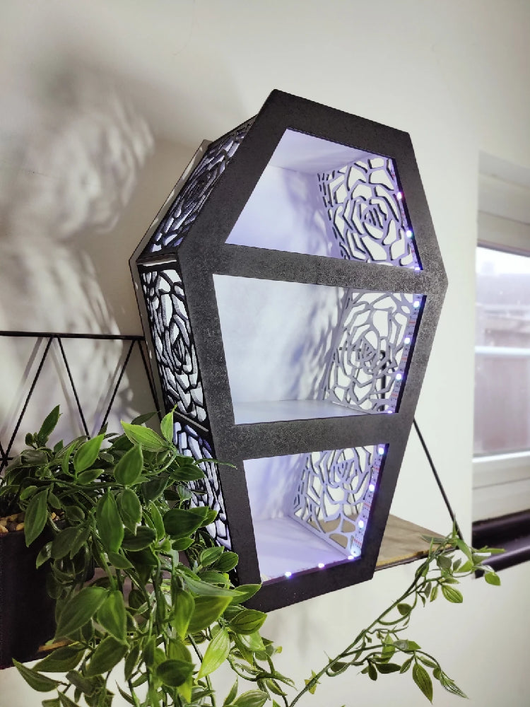 Rose Cut Out Light Up Coffin display shelves. Alternative goth death decor. Halloween. Handmade. Storage.