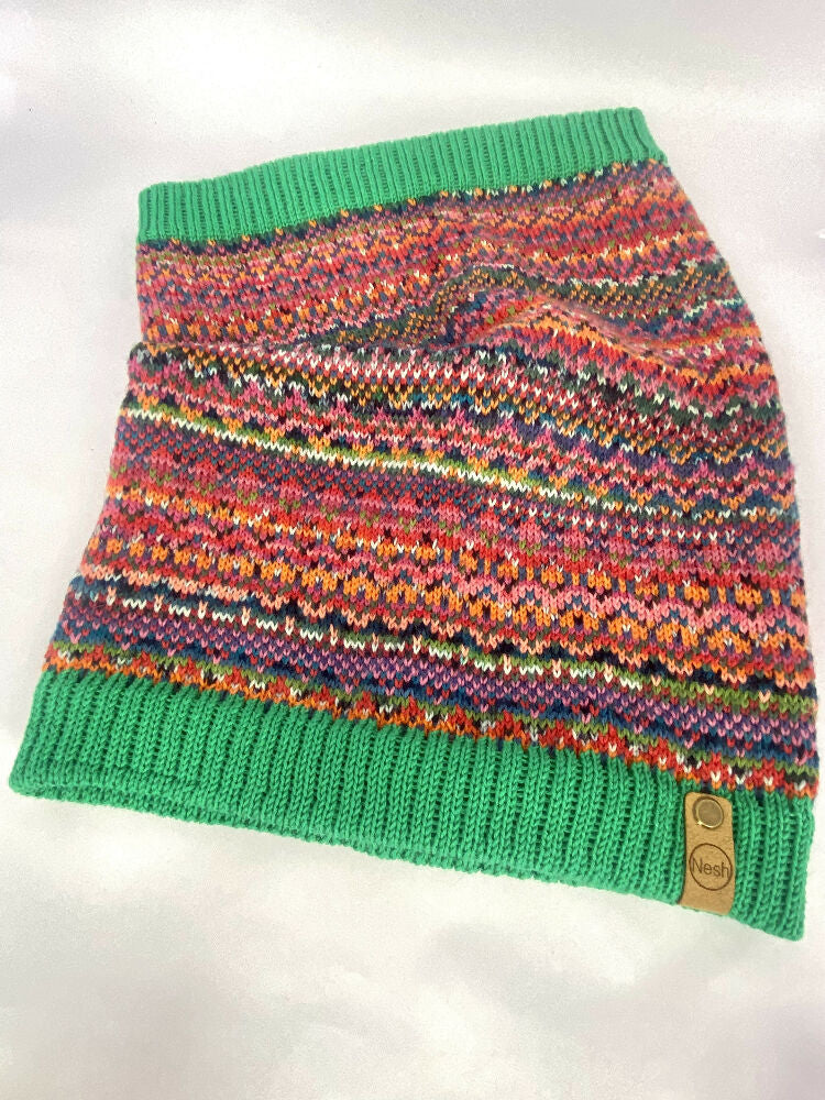 Emerald green and orange fair isle knitted snood