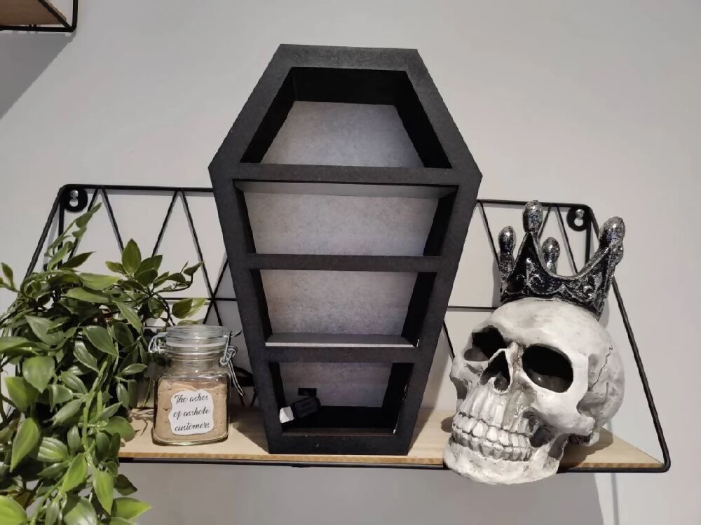 Light Up Coffin display shelves. Alternative goth death decor. Halloween. Handmade. Storage.