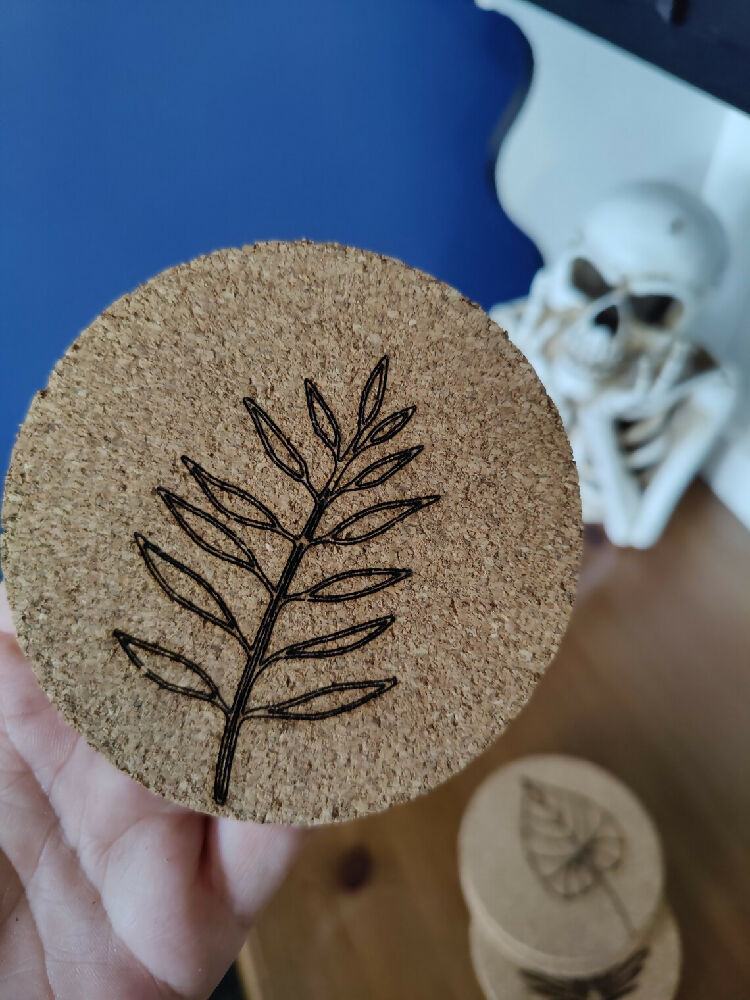 CCork coaster set of 4 | Botanical Eco | Engraved personalised present | House decor