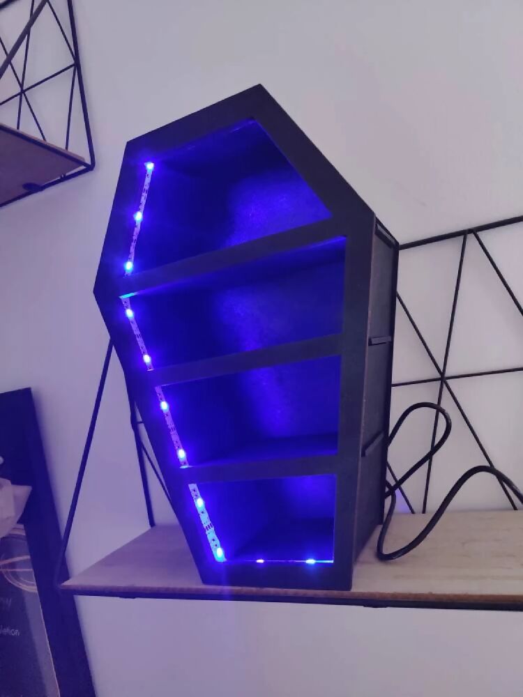 Light Up Coffin display shelves. Alternative goth death decor. Halloween. Handmade. Storage.
