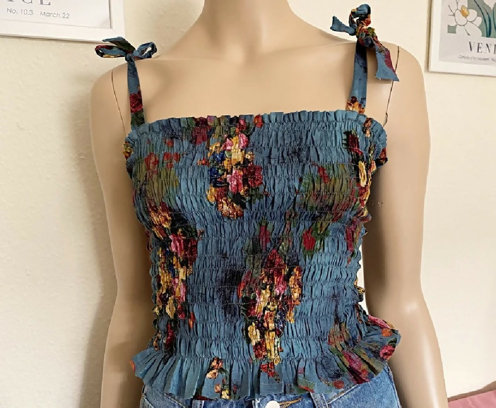 BLUE FLORAL SHIRRED SHOULDER TIE TOP