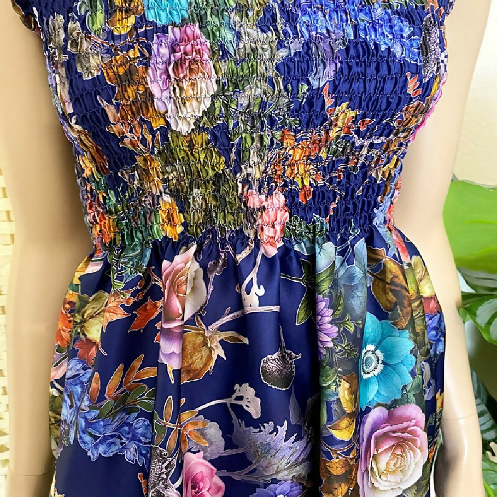 INDIGO FLORAL SATIN SHIRRED TOP - UK 12/14