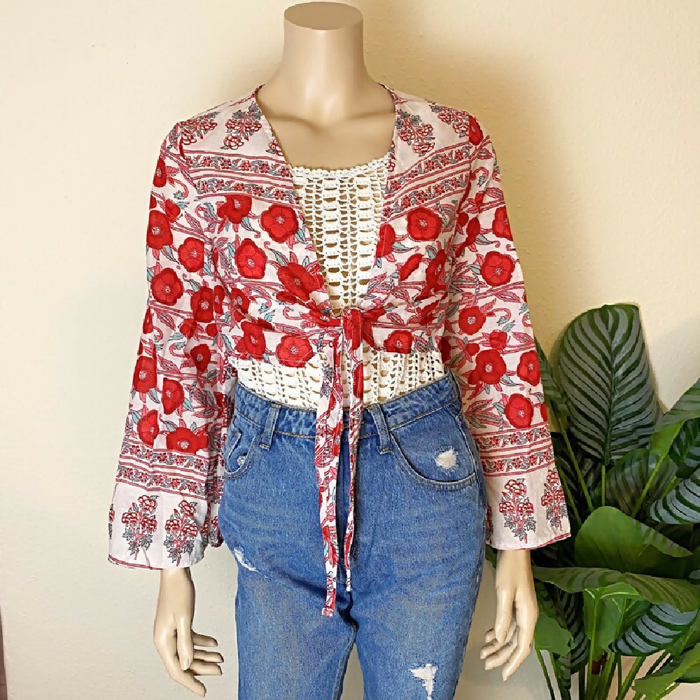 BLOCK PRINT FLORAL TIE FRONT TOP - 10/12
