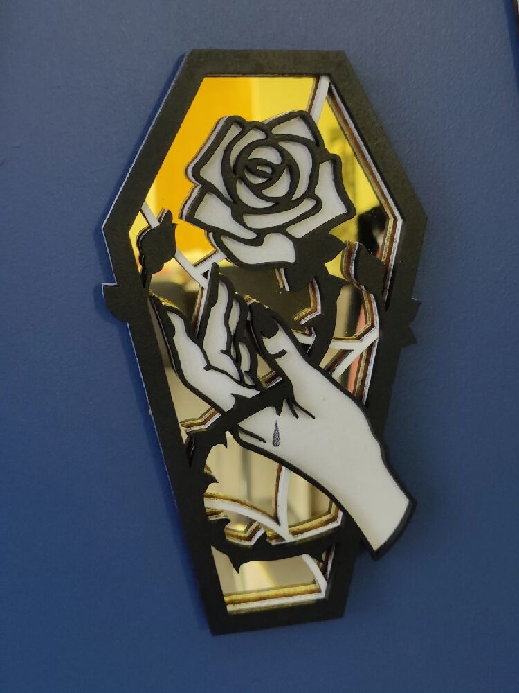 Mirror coffin display art. Alternative goth death moth decor. Halloween