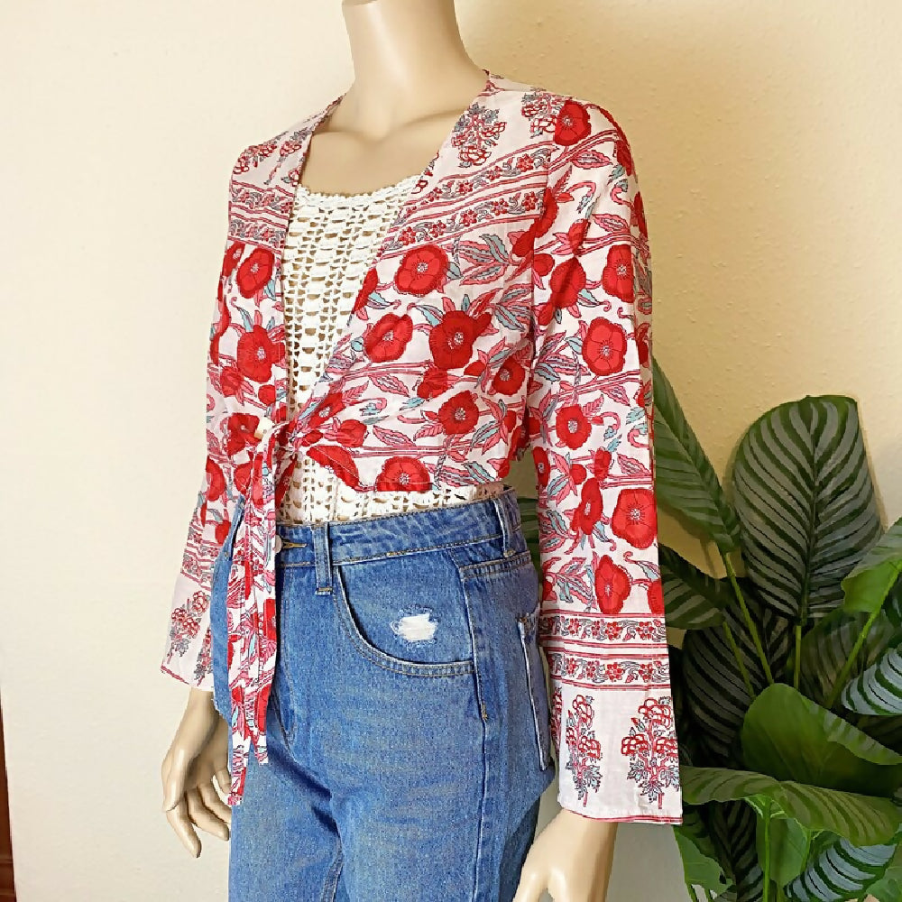 BLOCK PRINT FLORAL TIE FRONT TOP - 10/12