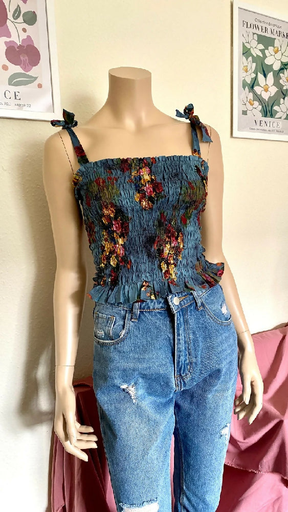 BLUE FLORAL SHIRRED SHOULDER TIE TOP