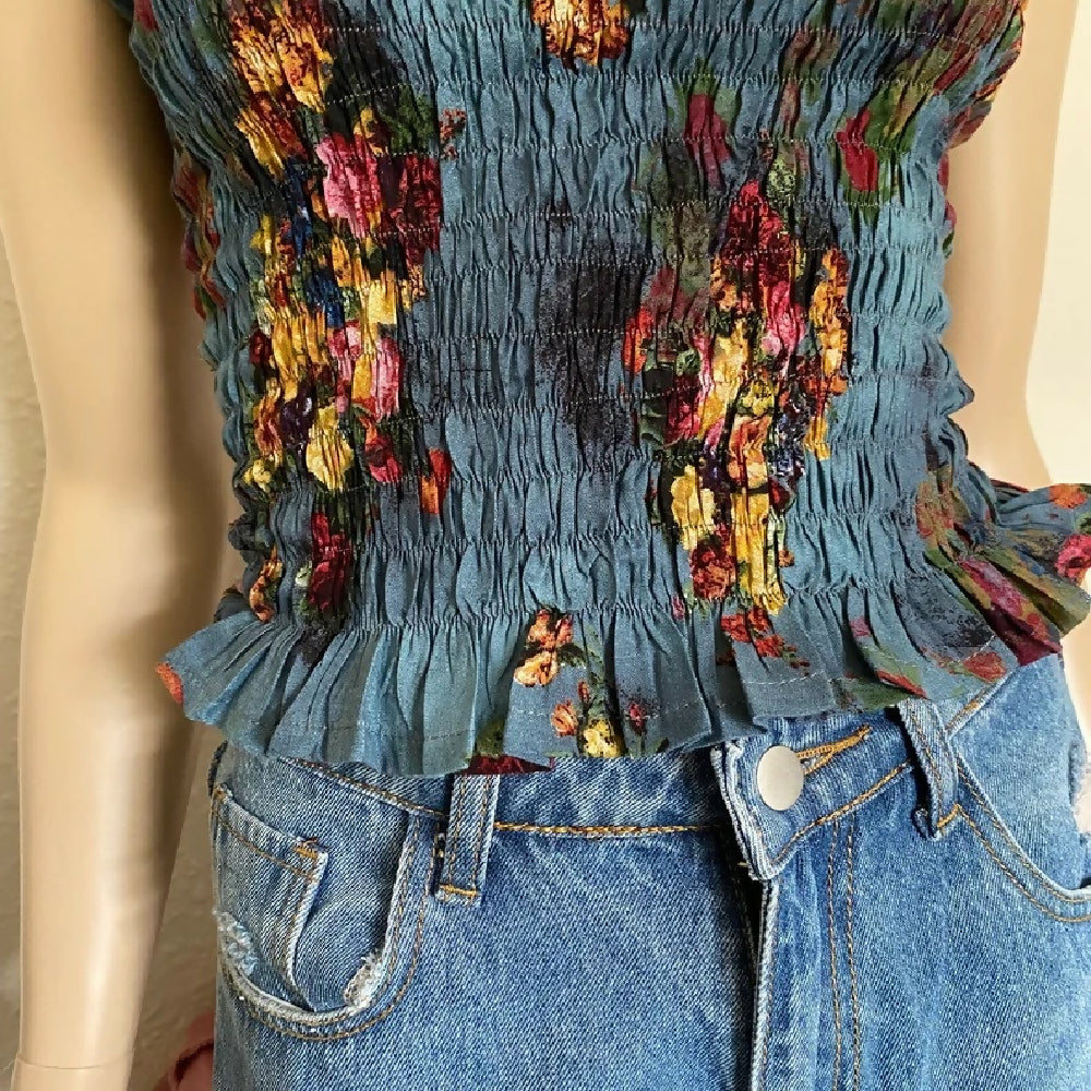 BLUE FLORAL SHIRRED SHOULDER TIE TOP