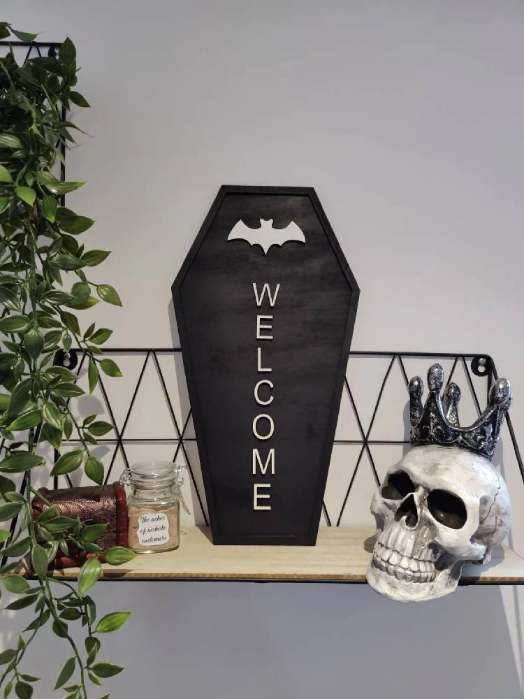 Welcome sign wooden picture. Alternative goth death decor. Halloween. Handmade. Wall art