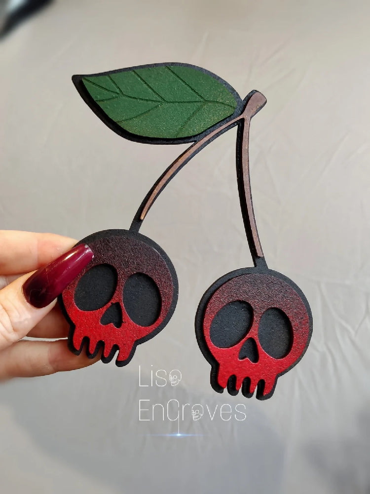 Cherry skull display art. Alternative goth death moth decor. Halloween.