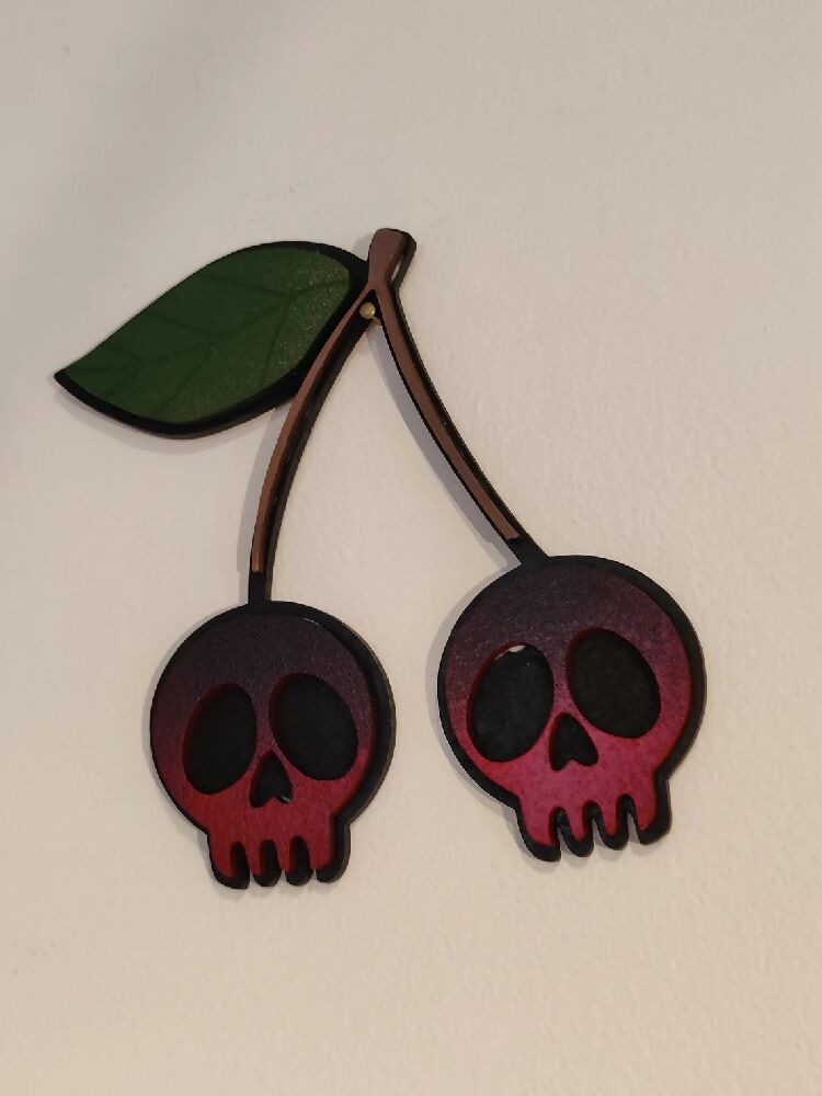 Cherry skull display art. Alternative goth death moth decor. Halloween.