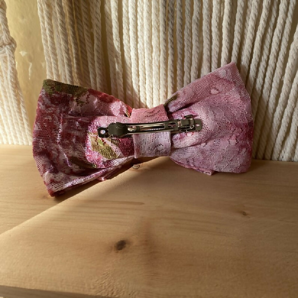 PINK FLORAL LACE HAIR BOW BARETTE CLIP