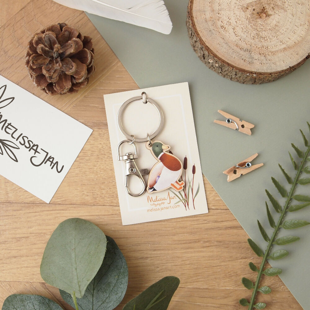 Mallard Duck Wooden Charm Keyring