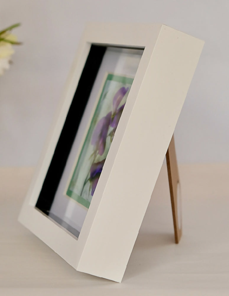 FLORAL PRINT OF SWEET PEAS IN SMALL BOX FRAME - "PURPLE SWEET PEAS"