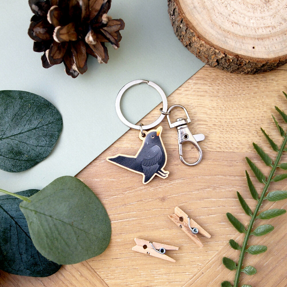 Blackbird Wooden Charm Keyring