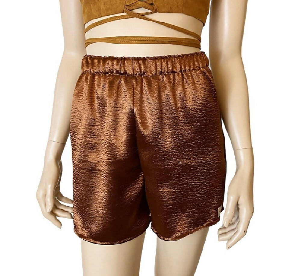 BROWN SATIN CASUAL SHORT, UK 8