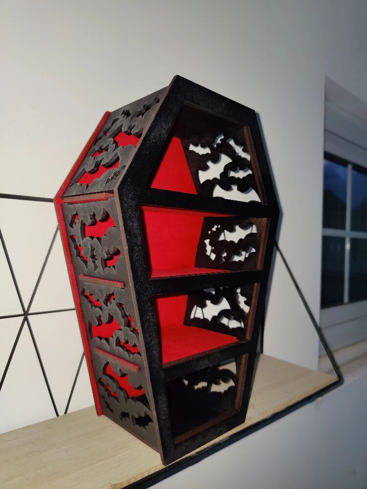 Coffin display shelves. Alternative goth death decor. Halloween. Handmade. Storage.