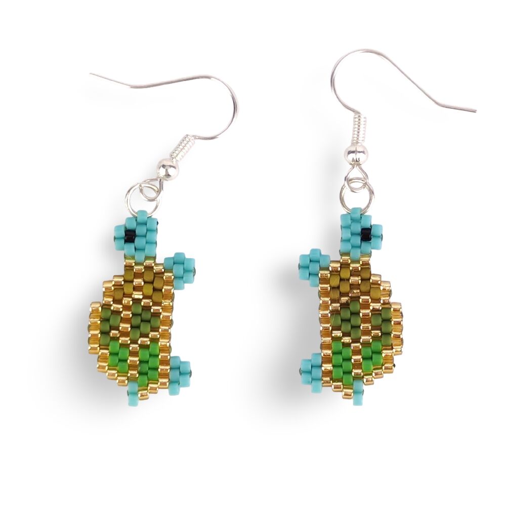 Handwoven Beaded Dangle Earrings - Tortoise / Turtle