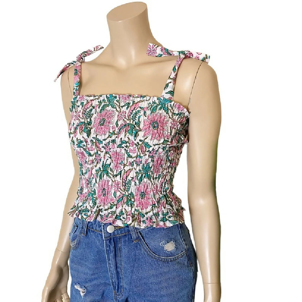 SHIRRED COTTON SUMMER CROP TOP WITH TIE STRAPS- UK 10