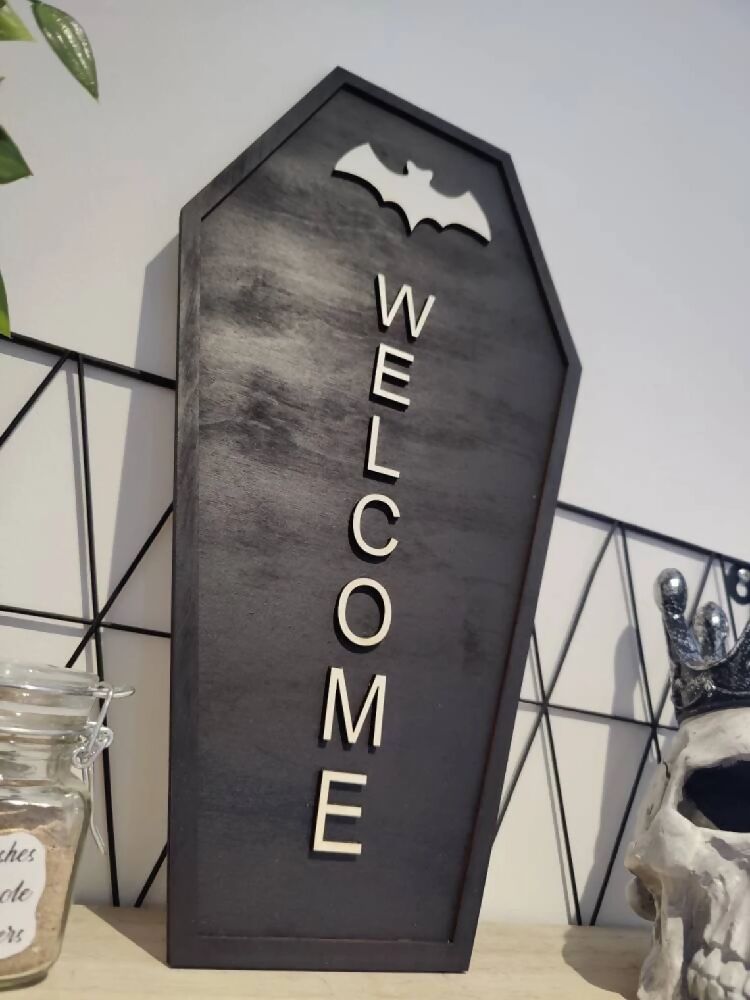 Welcome sign wooden picture. Alternative goth death decor. Halloween. Handmade. Wall art