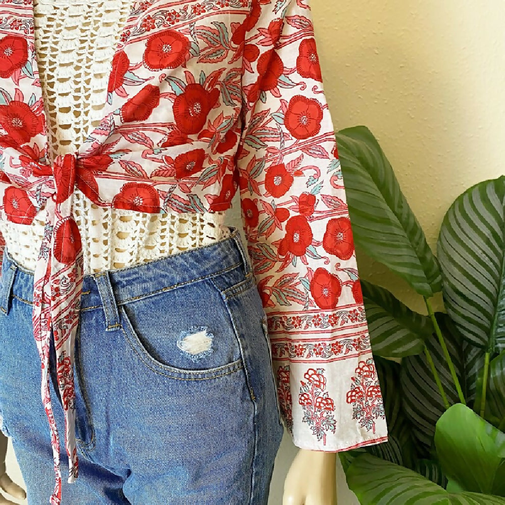 BLOCK PRINT FLORAL TIE FRONT TOP - 10/12