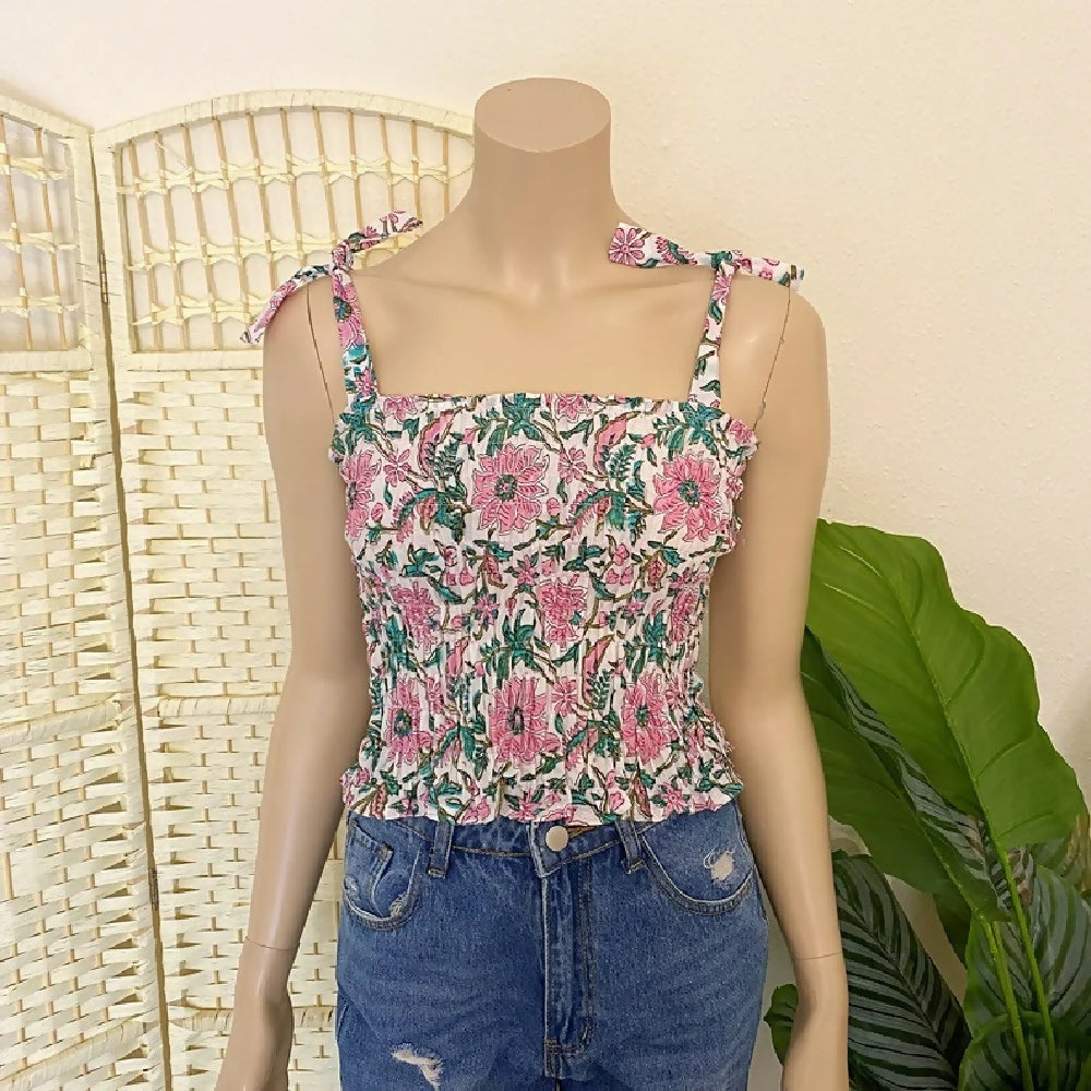 SHIRRED COTTON SUMMER CROP TOP WITH TIE STRAPS- UK 10