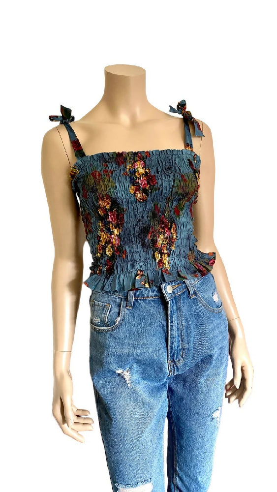 BLUE FLORAL SHIRRED SHOULDER TIE TOP