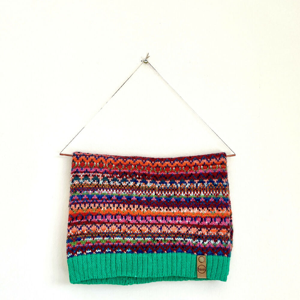 Emerald green and orange fair isle knitted snood
