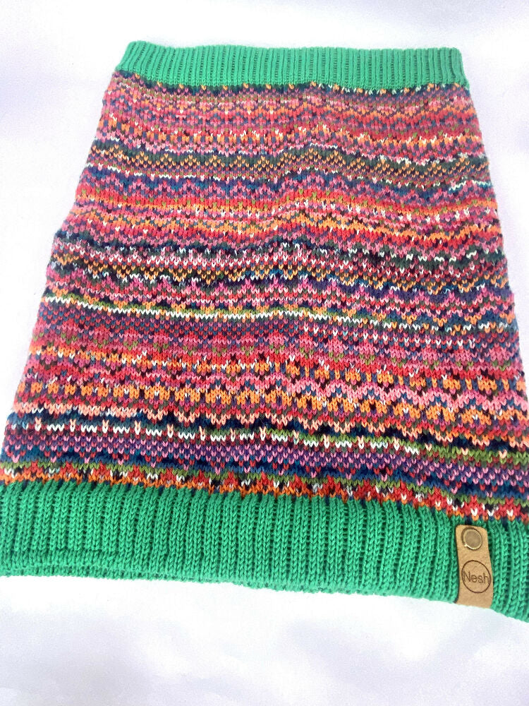 Emerald green and orange fair isle knitted snood