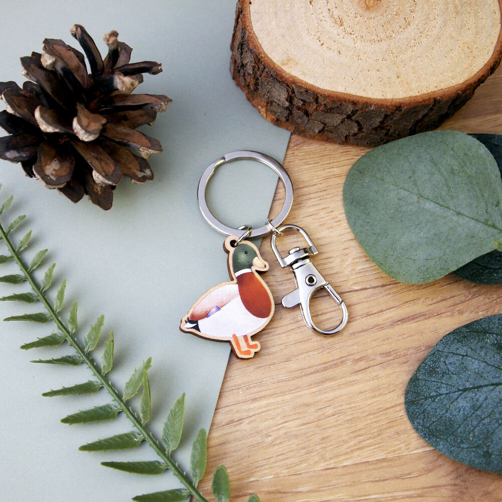 Mallard Duck Wooden Charm Keyring