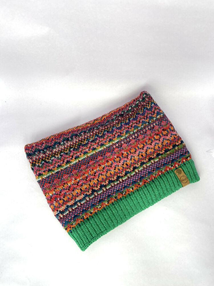 Emerald green and orange fair isle knitted snood