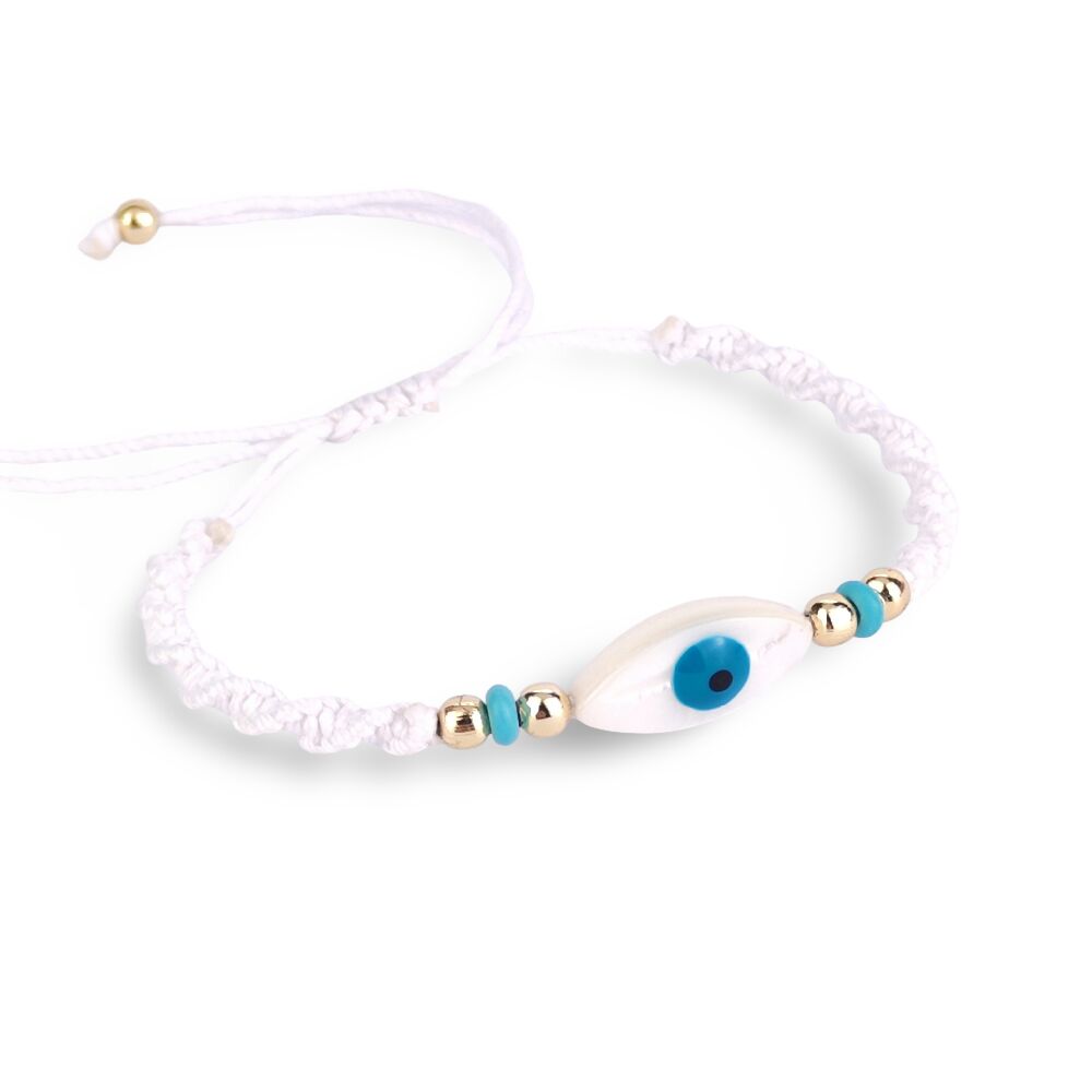 Evil Eye Macrame Bracelet - Natural Mother of Pearl Charm with Evil Eye Motif