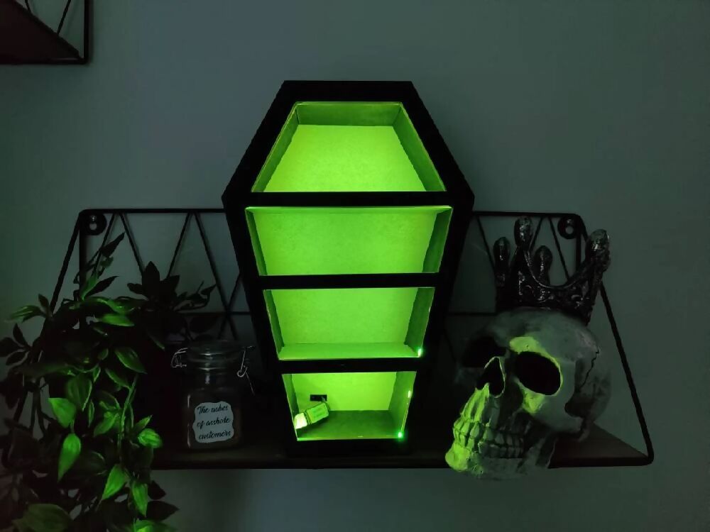 Light Up Coffin display shelves. Alternative goth death decor. Halloween. Handmade. Storage.
