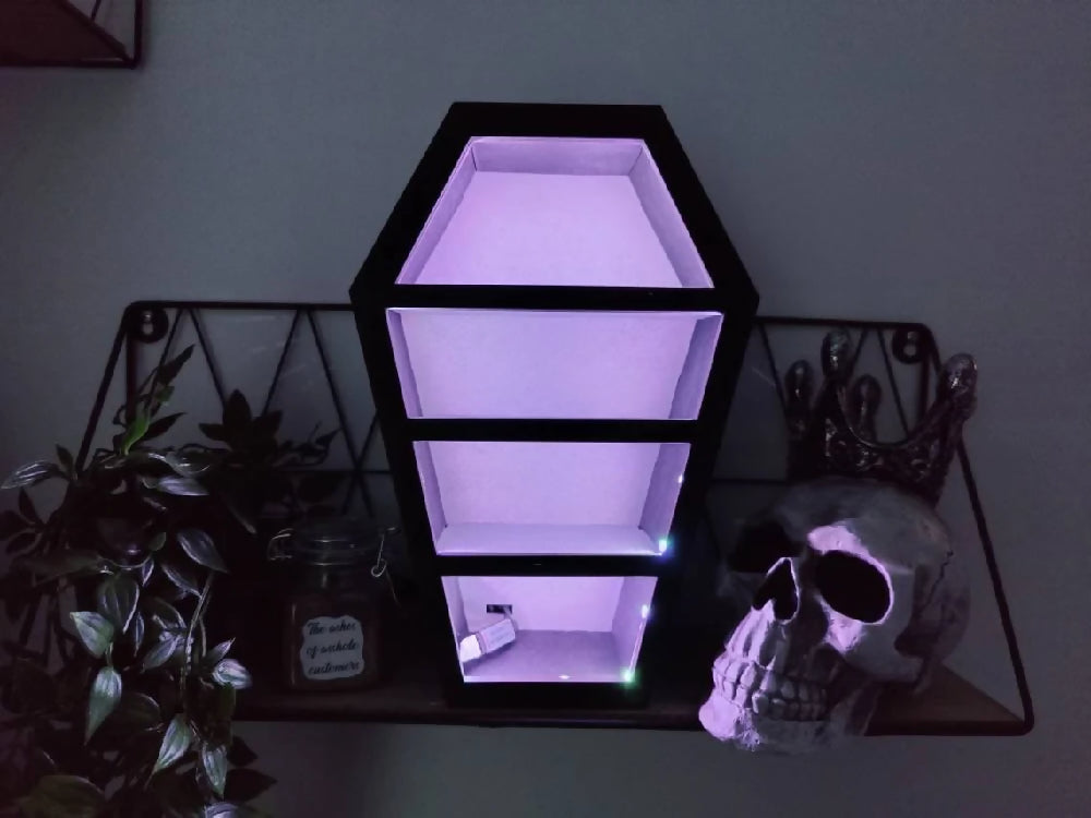 Light Up Coffin display shelves. Alternative goth death decor. Halloween. Handmade. Storage.