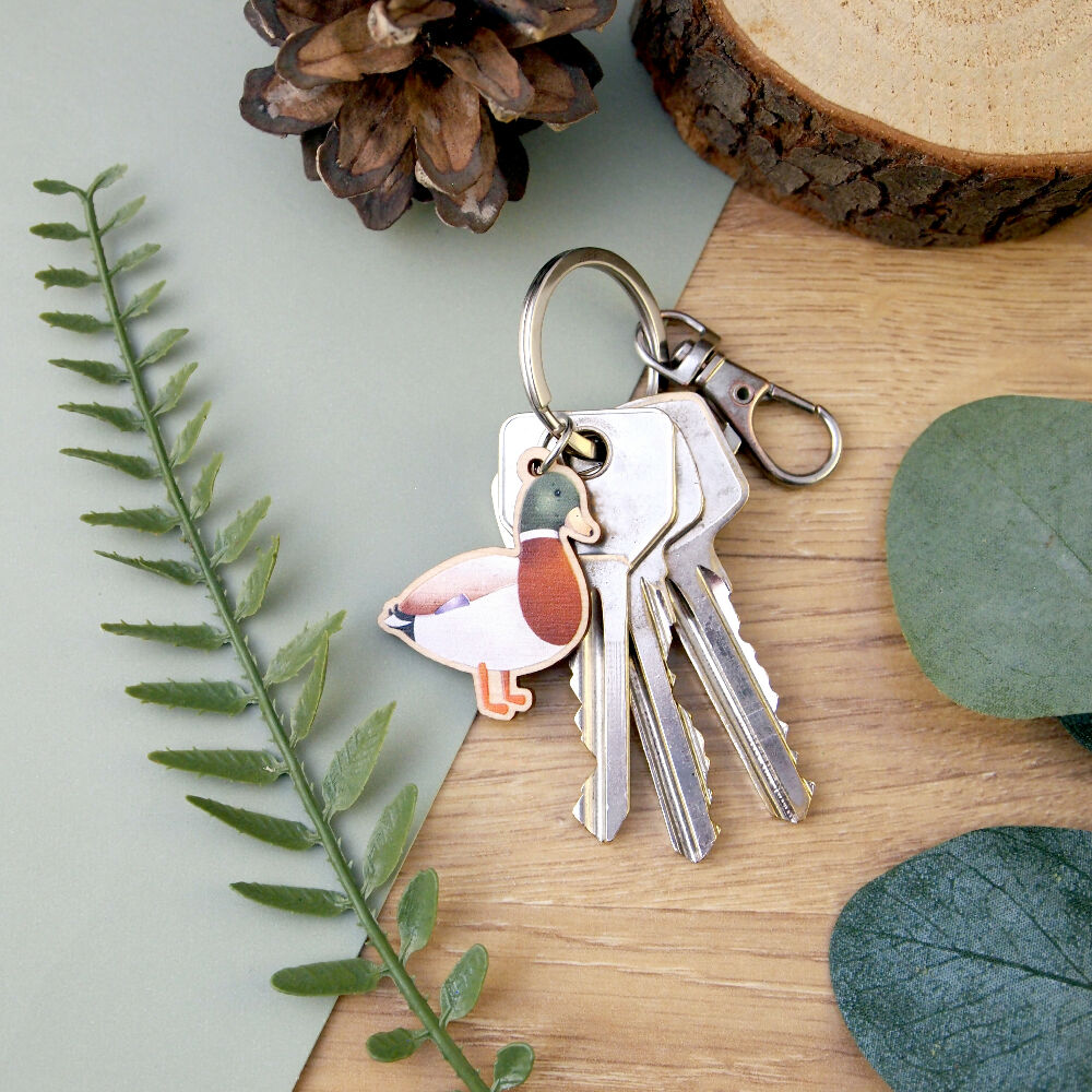 Mallard Duck Wooden Charm Keyring