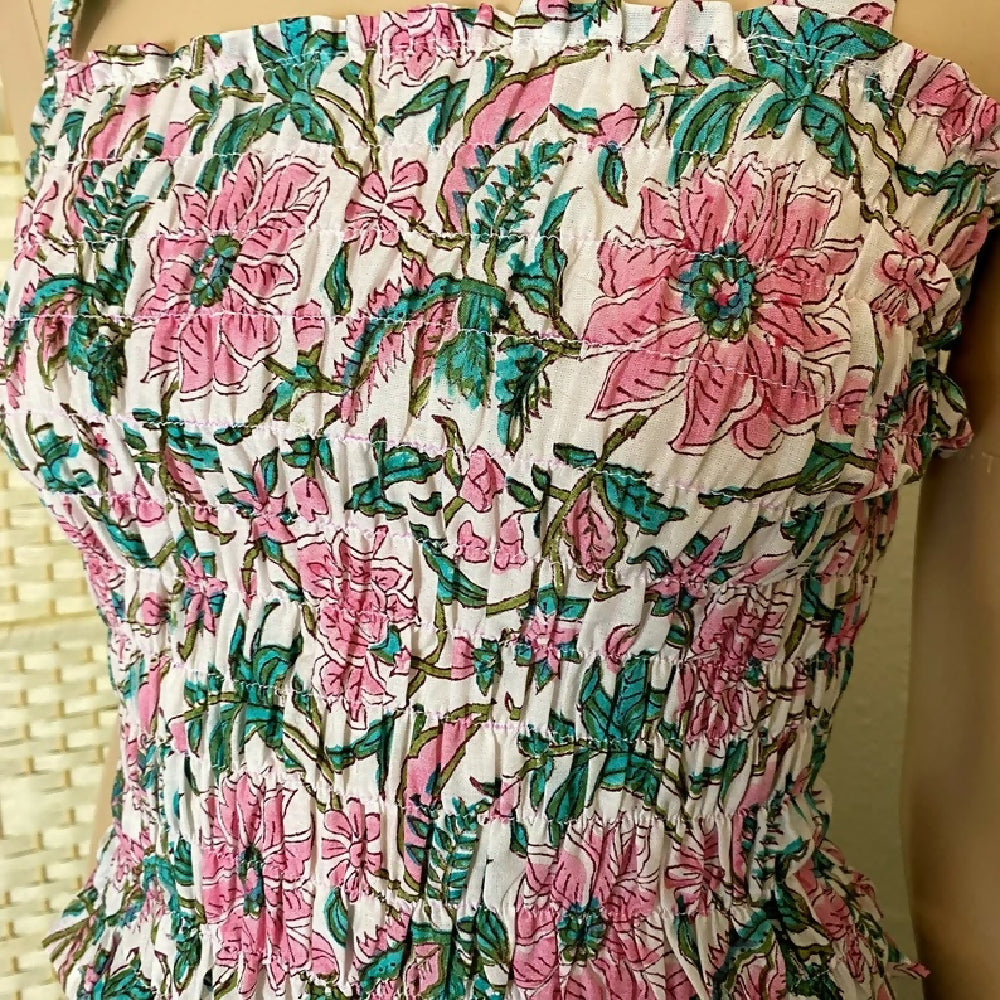 SHIRRED COTTON SUMMER CROP TOP WITH TIE STRAPS- UK 10