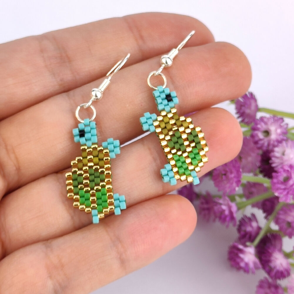 Handwoven Beaded Dangle Earrings - Tortoise / Turtle