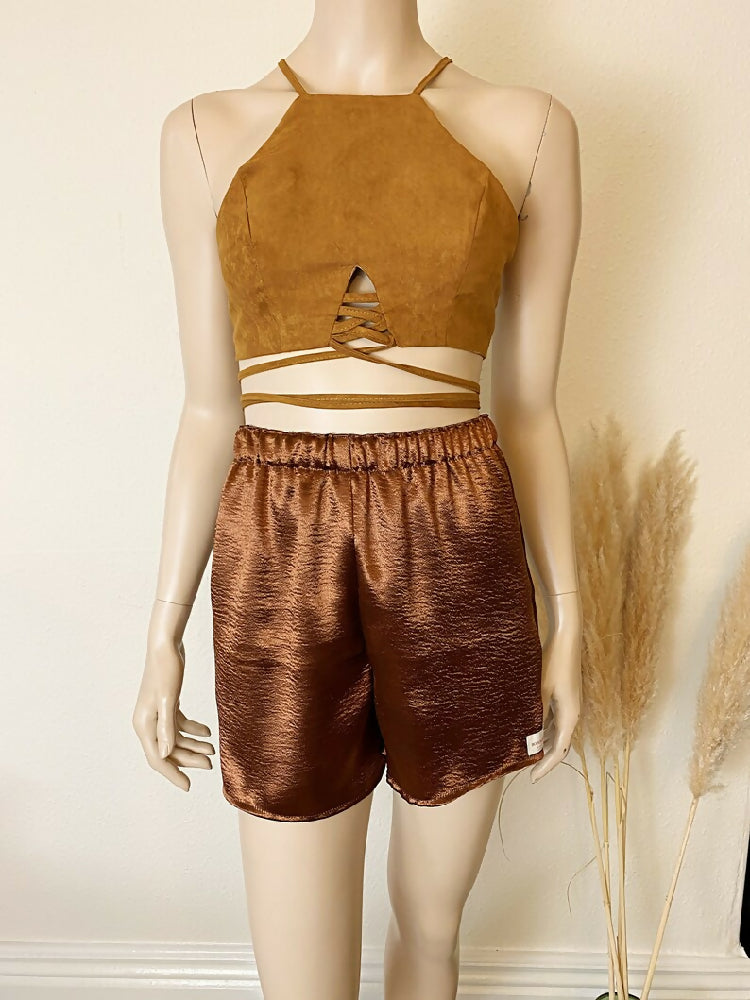 BROWN SATIN CASUAL SHORT, UK 8