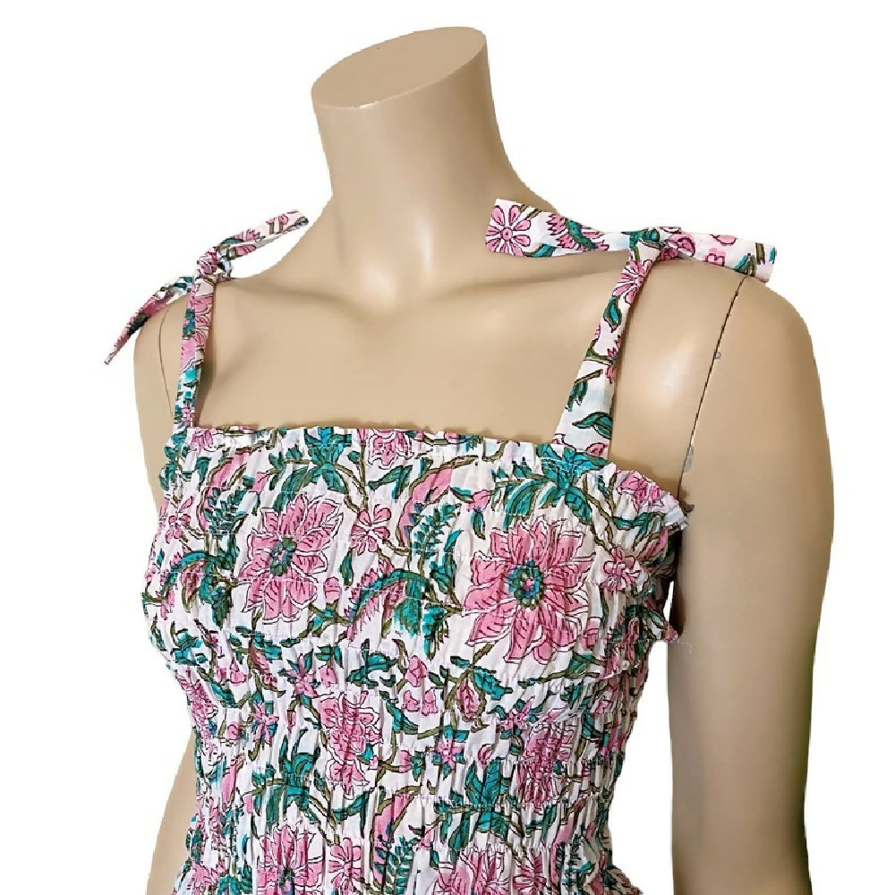 SHIRRED COTTON SUMMER CROP TOP WITH TIE STRAPS- UK 10