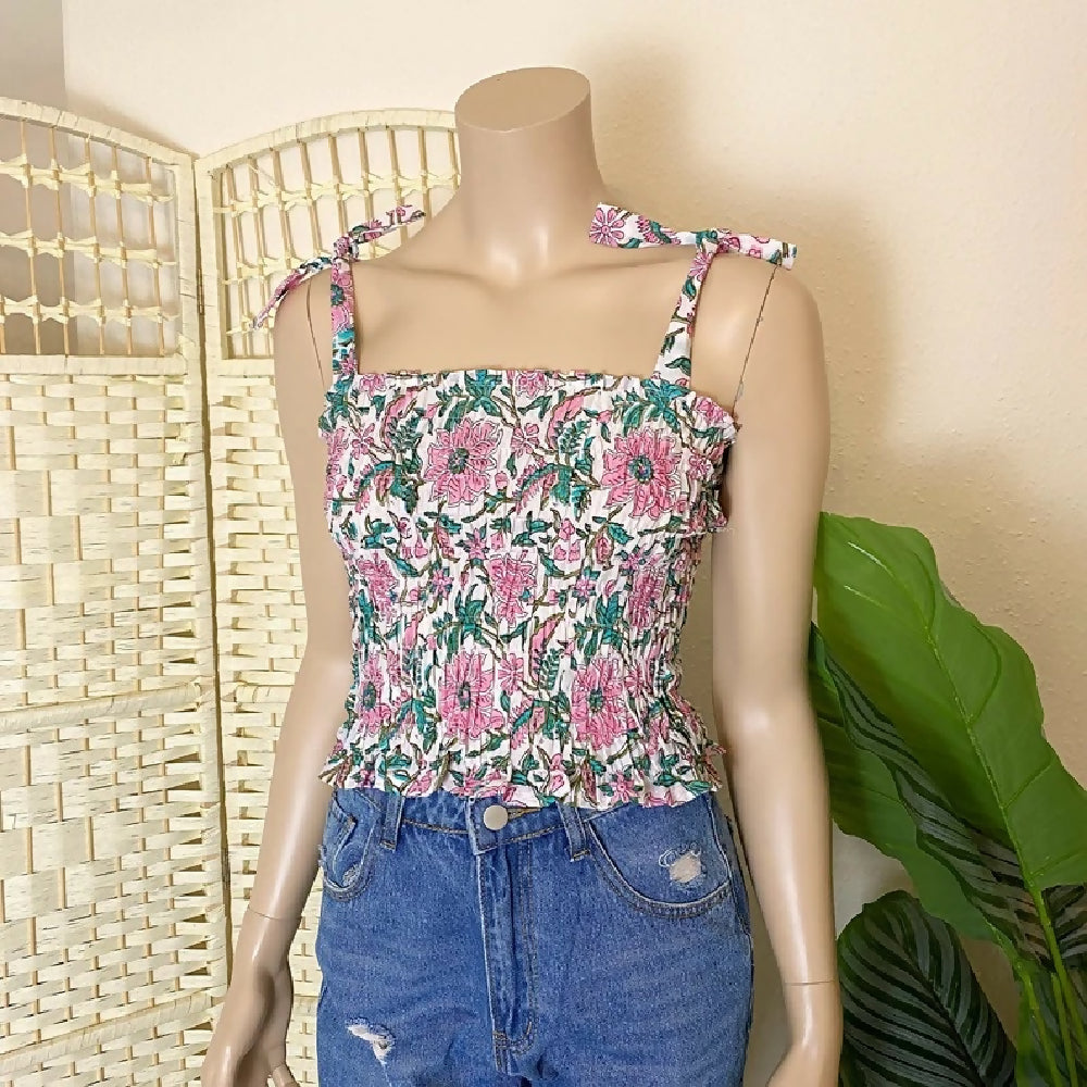 SHIRRED COTTON SUMMER CROP TOP WITH TIE STRAPS- UK 10