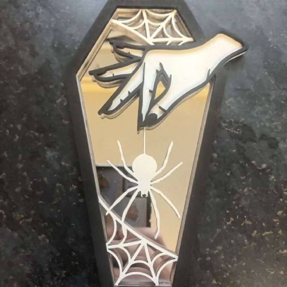 Mirror coffin display art. Alternative goth death moth decor. Halloween