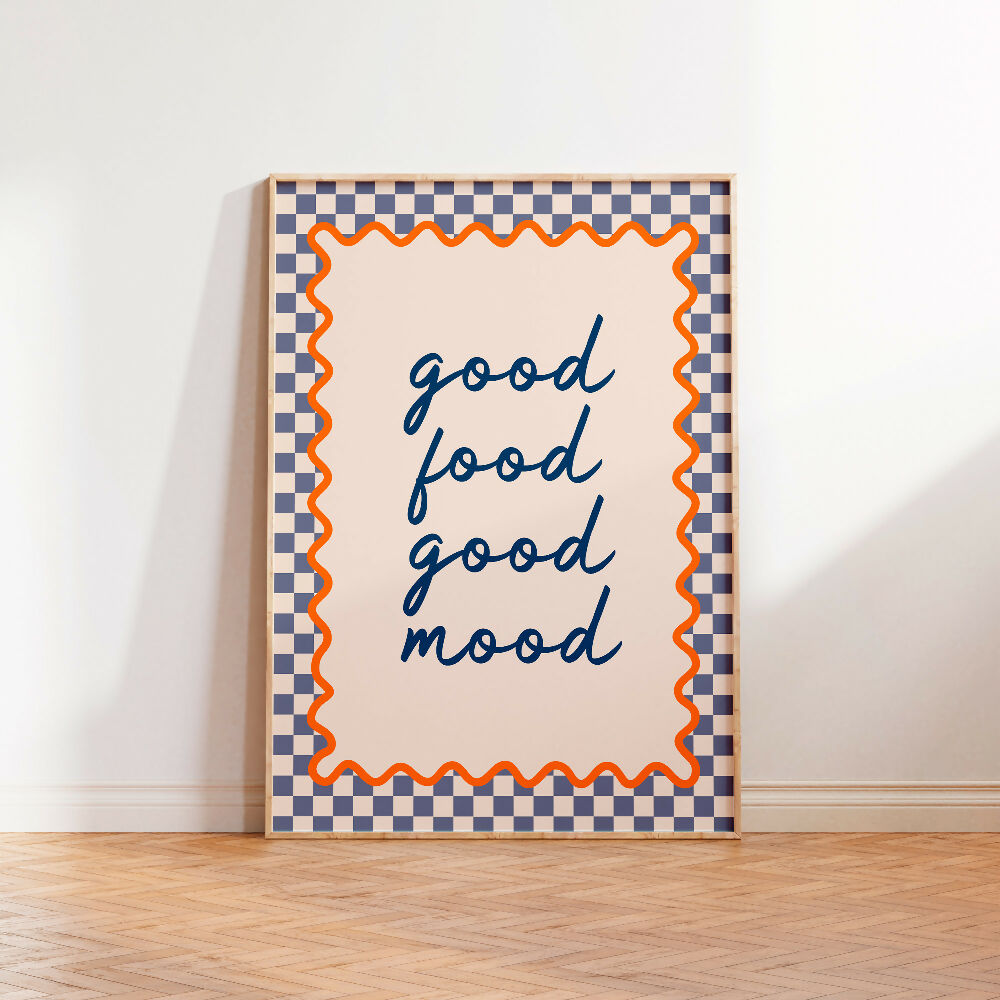 GOOD FOOD GOOD MOOD BLUE ORANGE PRINT