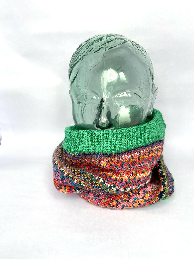 Emerald green and orange fair isle knitted snood