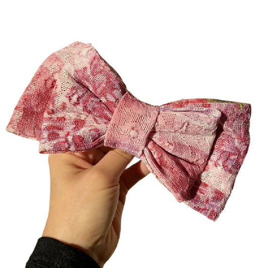 PINK FLORAL LACE HAIR BOW BARETTE CLIP