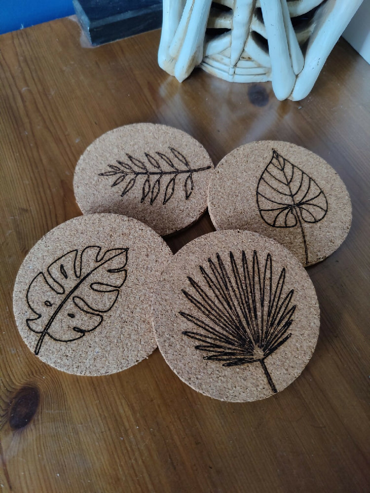 CCork coaster set of 4 | Botanical Eco | Engraved personalised present | House decor