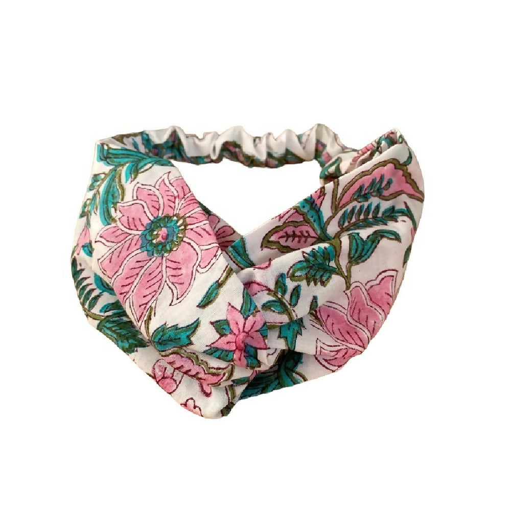 WHITE FLORAL BLOCKPRINTED TURBAN TWIST HEADBAND