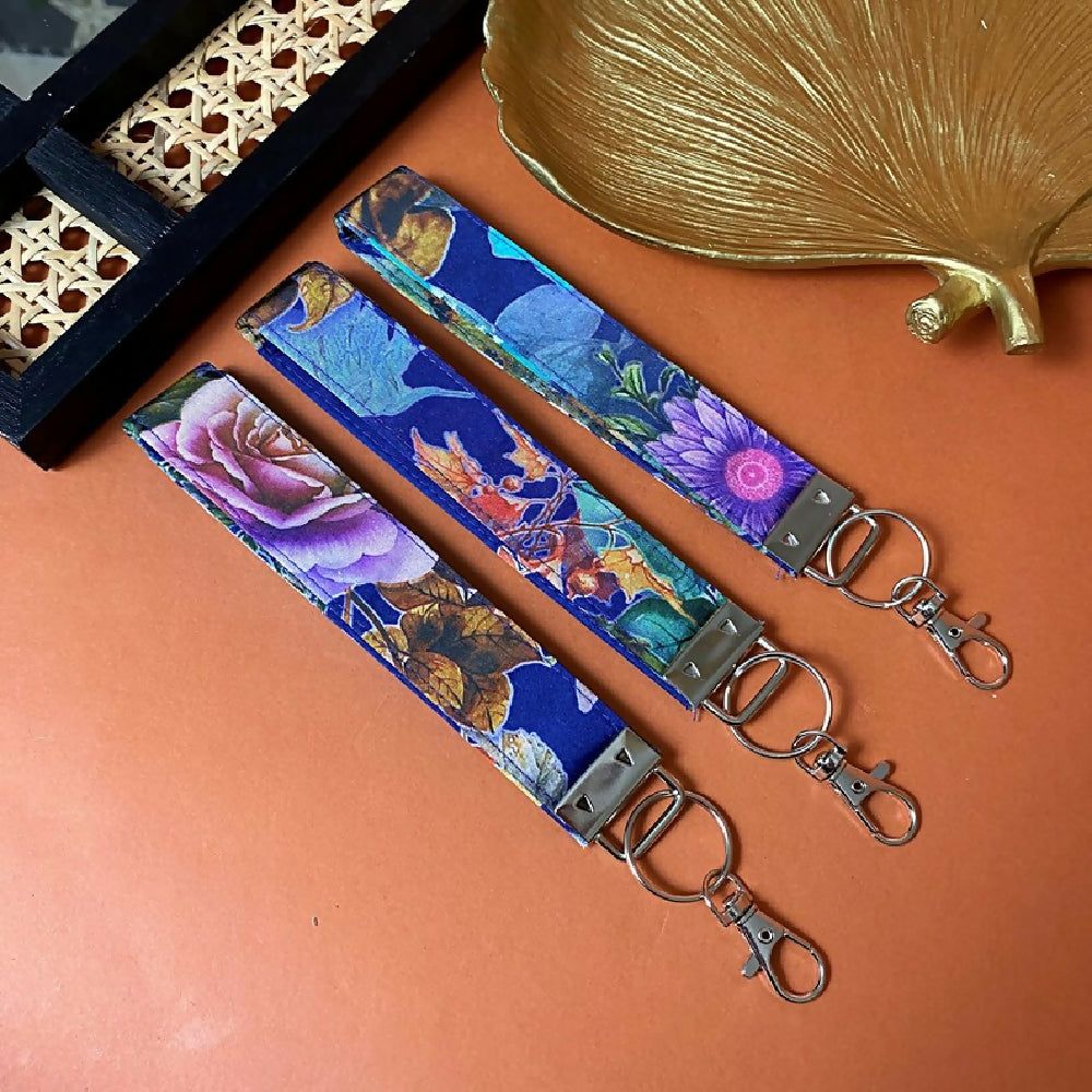 LUXURY BLUE SATIN FLORAL KEYCHAIN WRISTLET