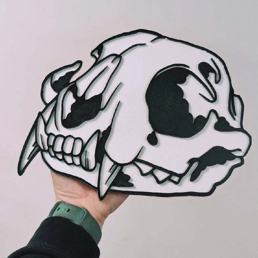 Cat skull display art. Alternative goth death moth decor. Halloween. Gothic decor