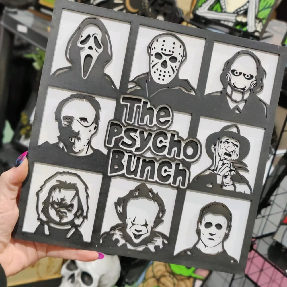 Psycho Bunch serial killers wooden picture. Alternative goth death decor. Halloween. Handmade.