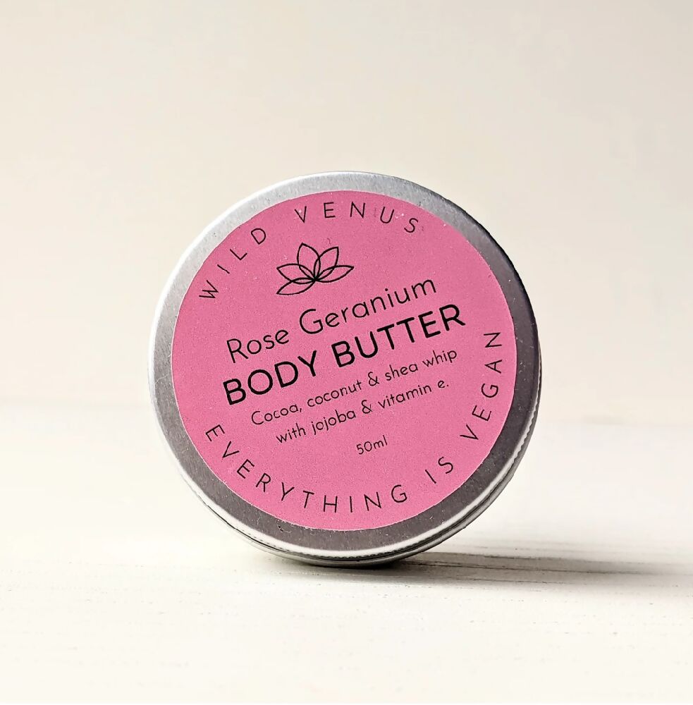 A small tin of rose geranium body butter Wild Venus